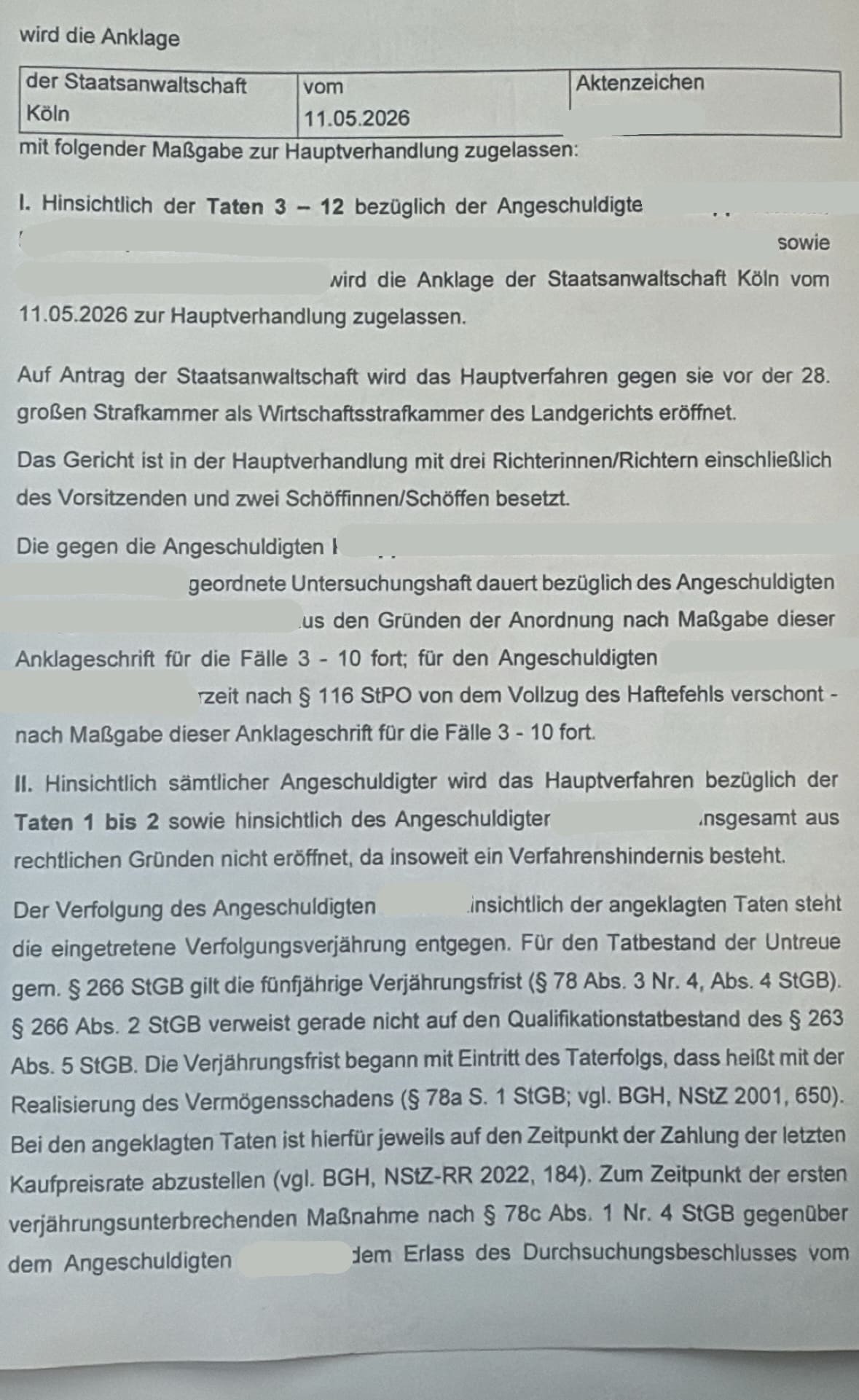 Nichtzulassung Anklage Köln schwerer Betrug Untreue