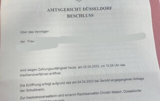 Privatinsolvenz Verbraucherinsolvenz Regelinsolvenz schuldenfrei Rechtsanwalt Düsseldorf Schuldnerin